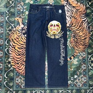 Vintage Y2K Christian Audigier Baggy Embroidered Denim Jeans Grunge Skull 40x33